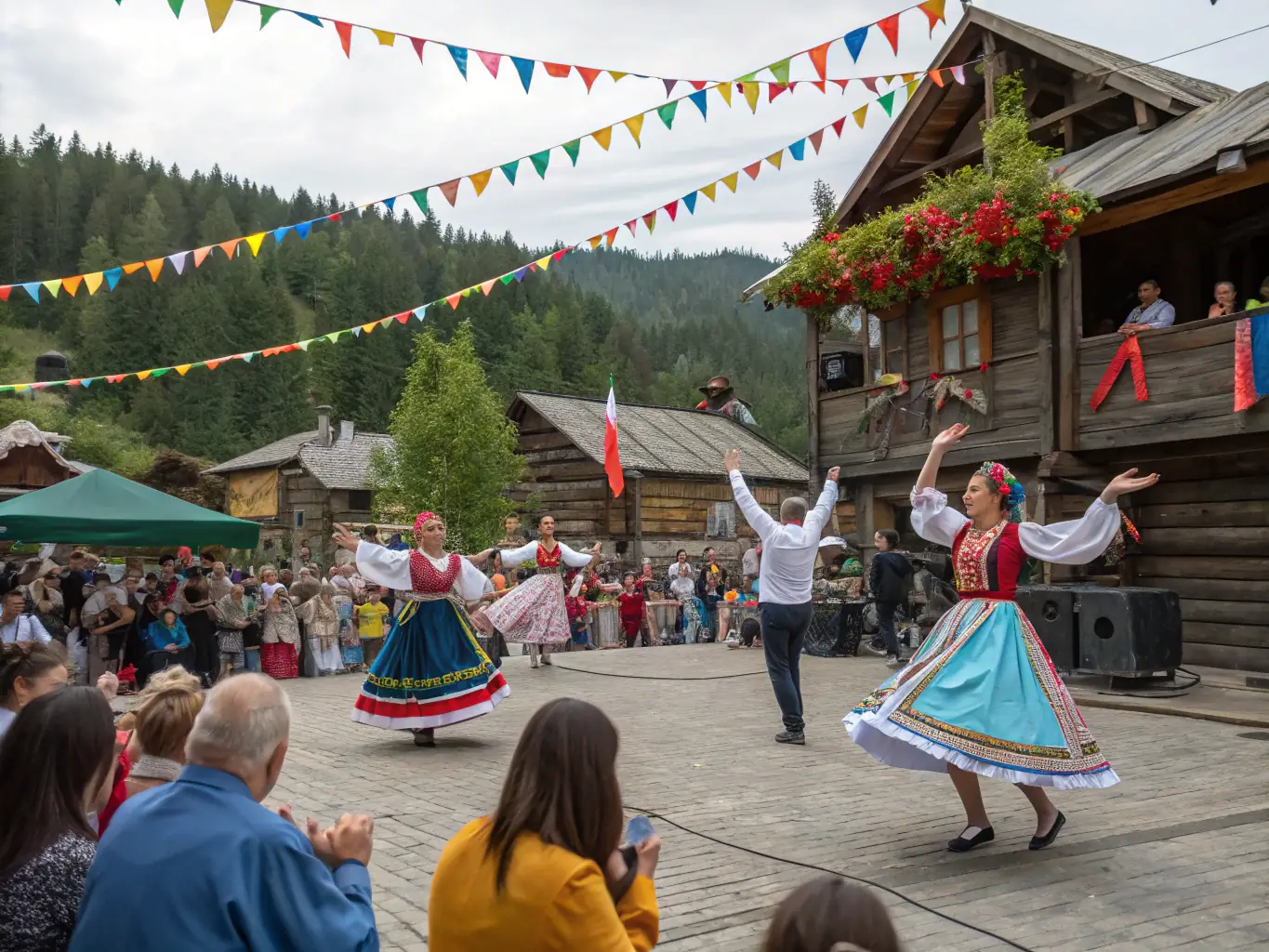 A lively scene of a rural festival with traditional dancers, musicians, and local artisans showcasing their crafts, capturing the essence of Cultural Events and Festivals.