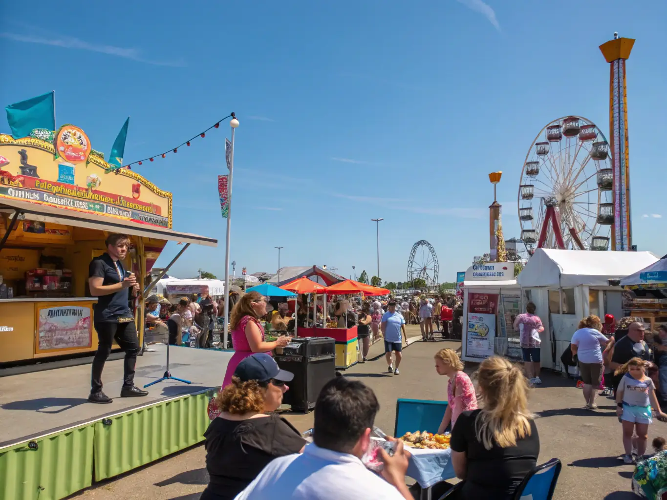 A vibrant scene from a local festival, featuring traditional music, dance, and food stalls, with community members of all ages participating and enjoying the festivities.