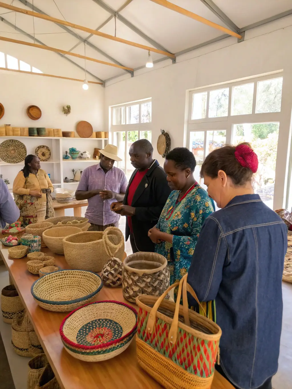 A group of people participating in a traditional craft workshop, focused on preserving local heritage, with a focus on hands-on learning and cultural exchange.