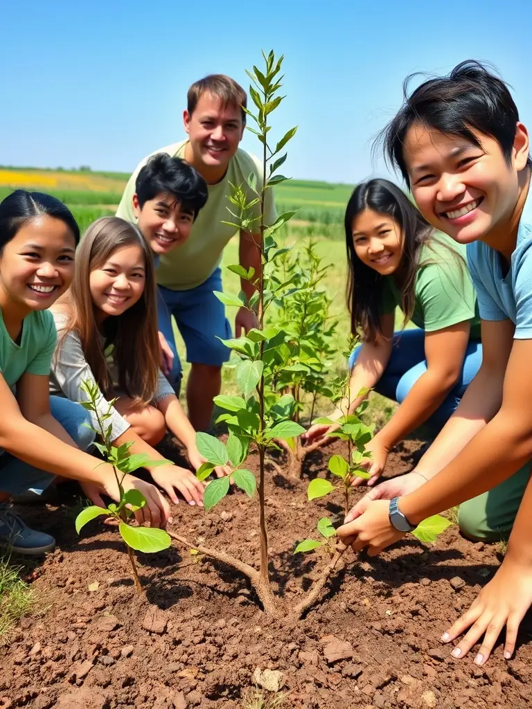A photo of volunteers working on a community project, such as restoring a historical site or cleaning up a rural area, with a focus on environmental preservation and community involvement.