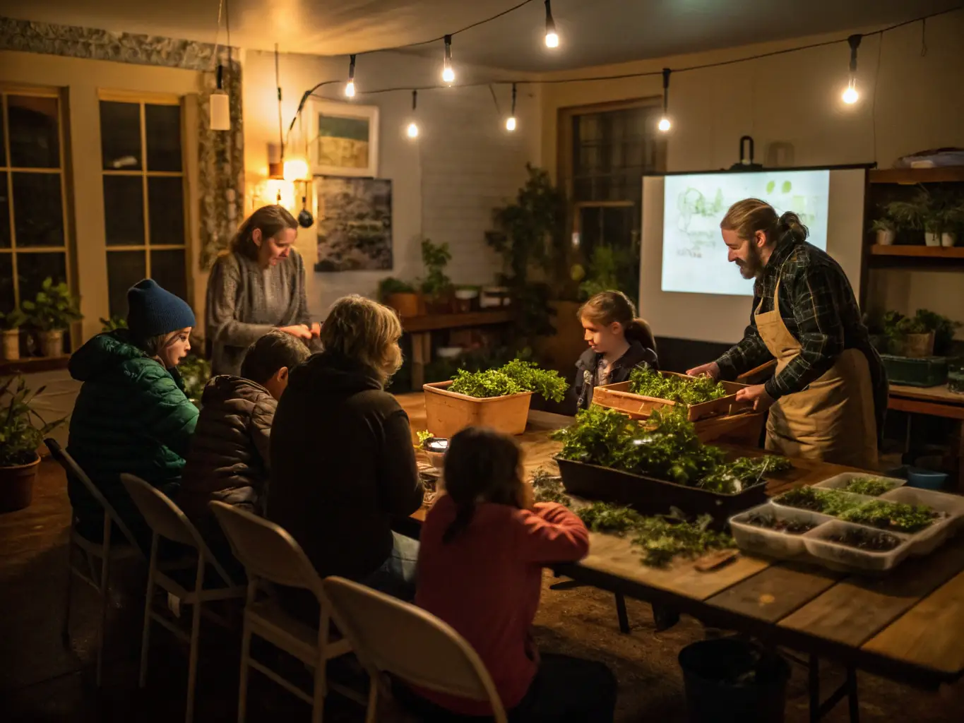 A scene from a multimedia presentation showcasing local environmental issues and rural traditions, displayed on a large screen in a community center.