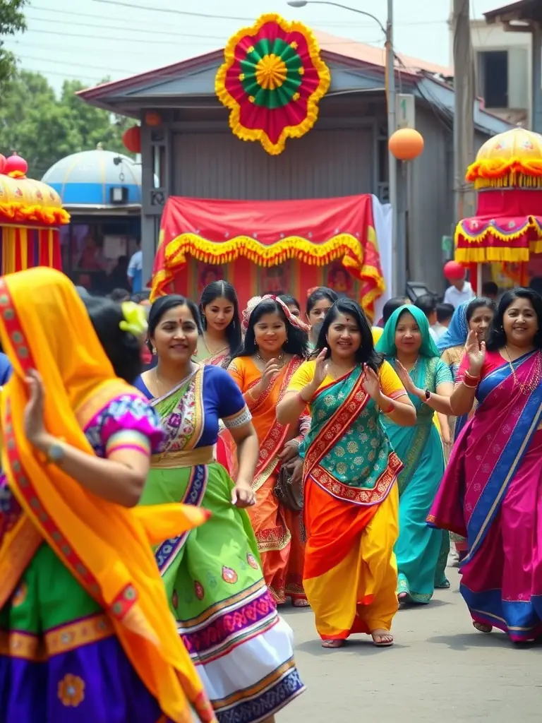 A vibrant photograph capturing a lively traditional dance performance at a R.A.C.I.N.E. cultural event, showcasing colorful costumes and enthusiastic participants.