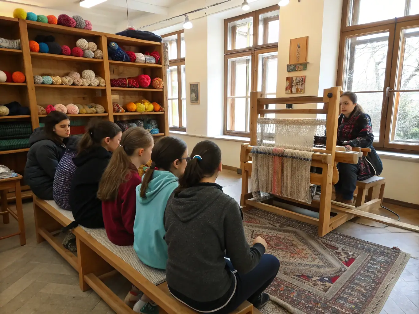 A group of participants actively engaged in a traditional craft workshop, learning from a local artisan. The setting is a rustic, well-lit community center, emphasizing hands-on learning and cultural exchange.