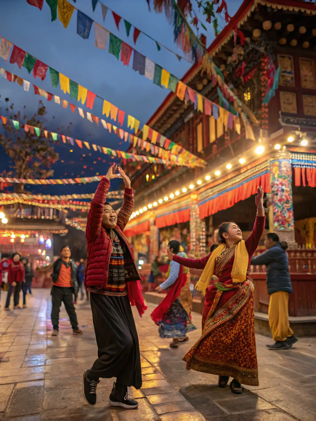 A vibrant scene from a cultural event or festival, featuring traditional music, dance, and local food, with a focus on community participation and cultural exchange.