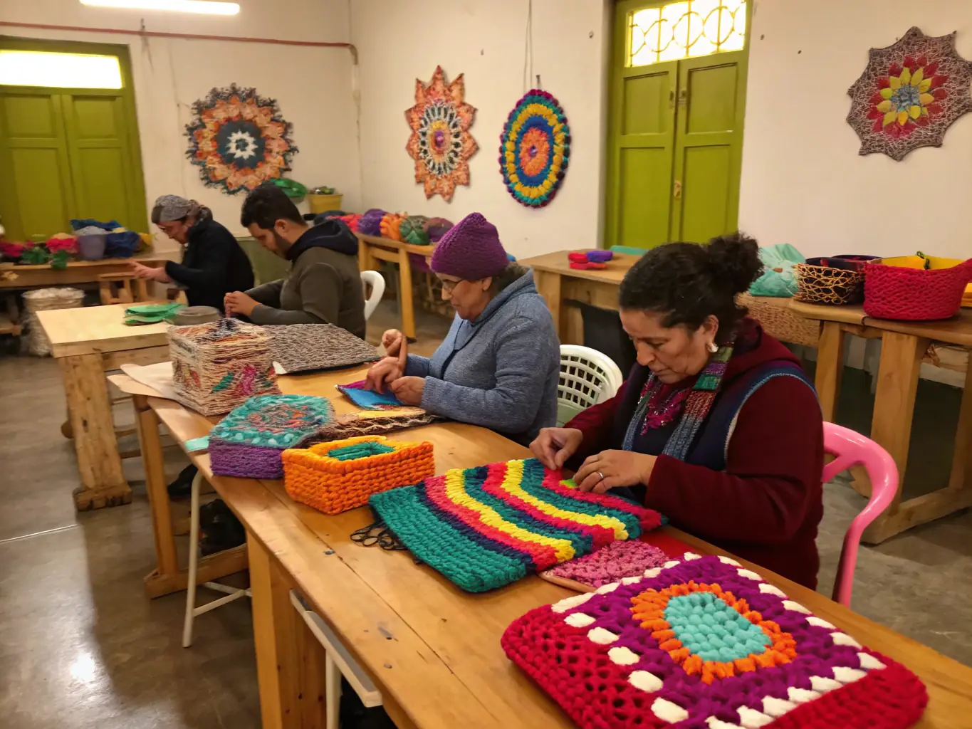 A vibrant image of community members engaged in traditional craft-making during a workshop, with colorful textiles and tools displayed, showcasing the Cultural Heritage Workshops program.