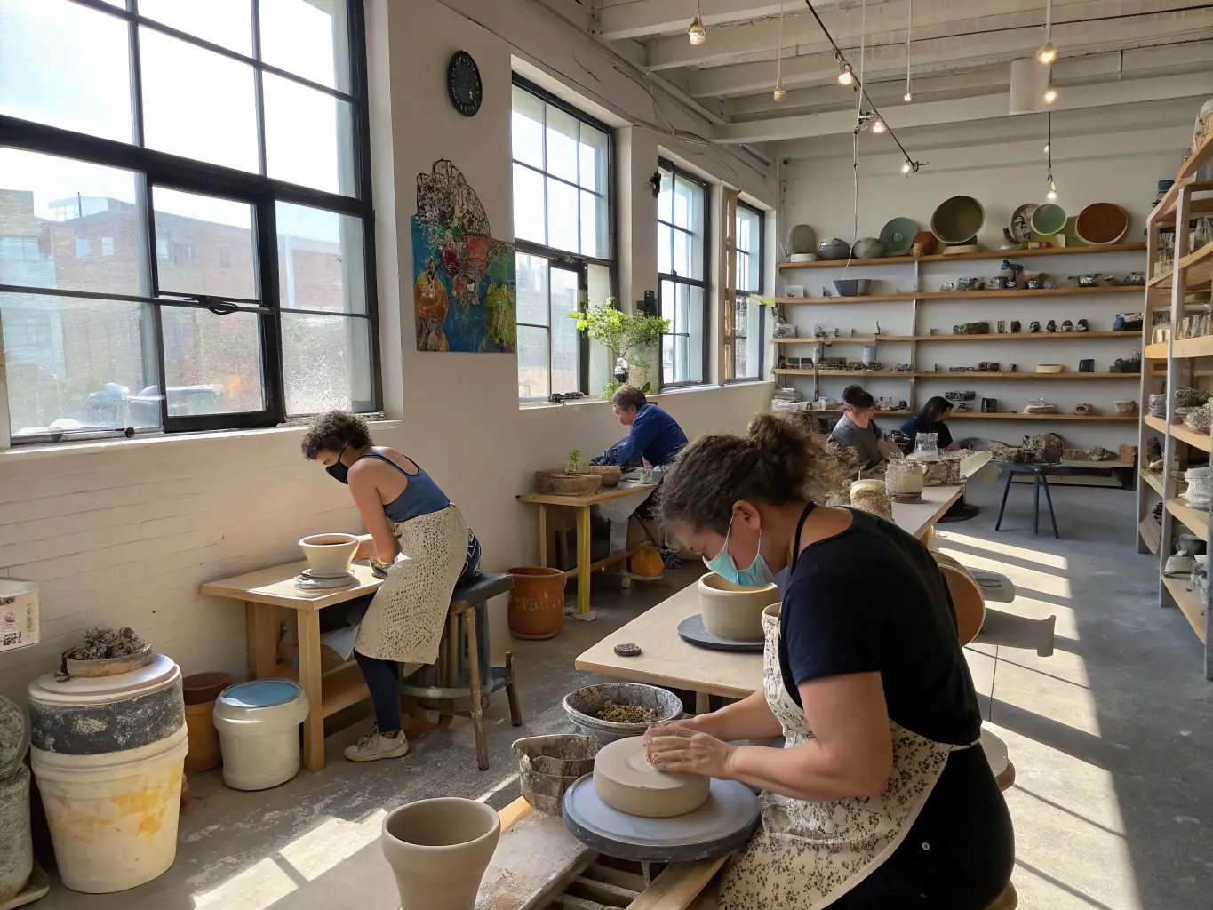 A group of participants actively engaged in a traditional pottery workshop, learning the art from a local artisan, set in a rustic, sunlit studio.
