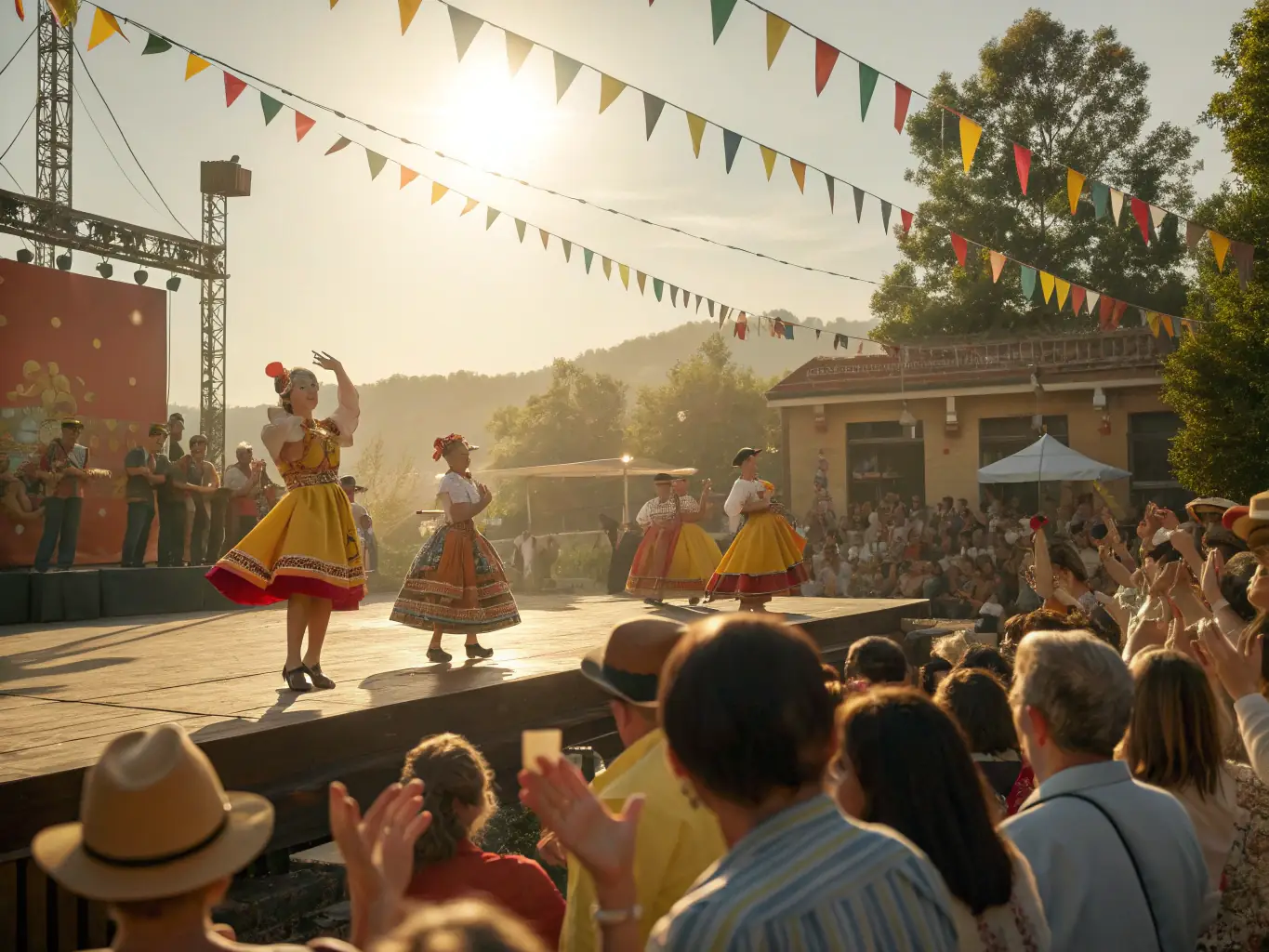 A lively outdoor scene from a cultural festival, featuring traditional music, dance, and local food stalls. The atmosphere is festive and inclusive, celebrating the community's rural heritage.